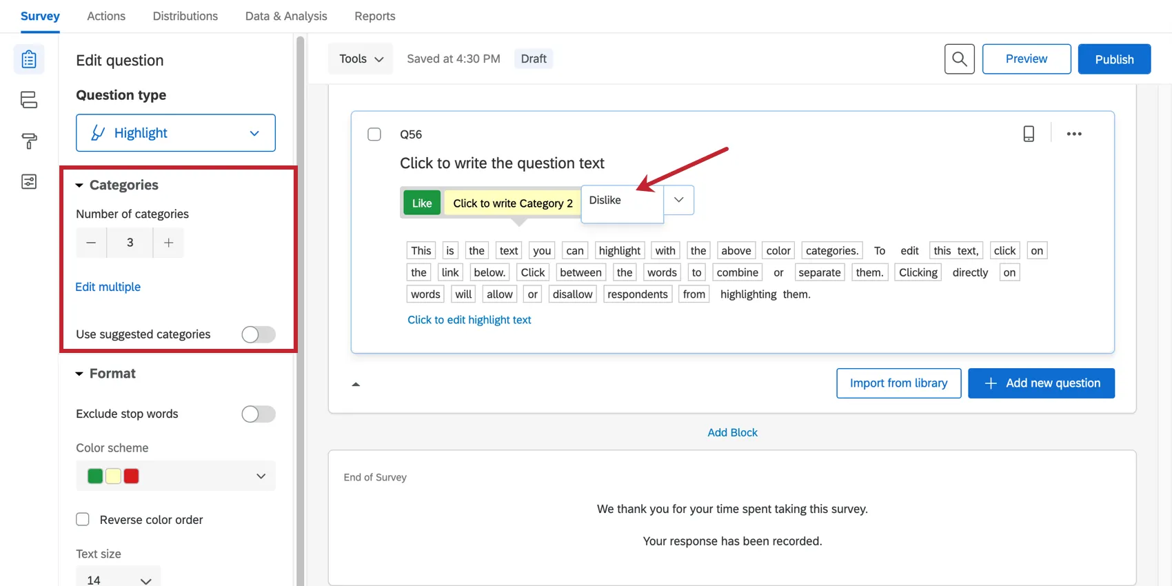 Categories on the question editing pane corresponds to the number of colors you can highlight a word or phrase in