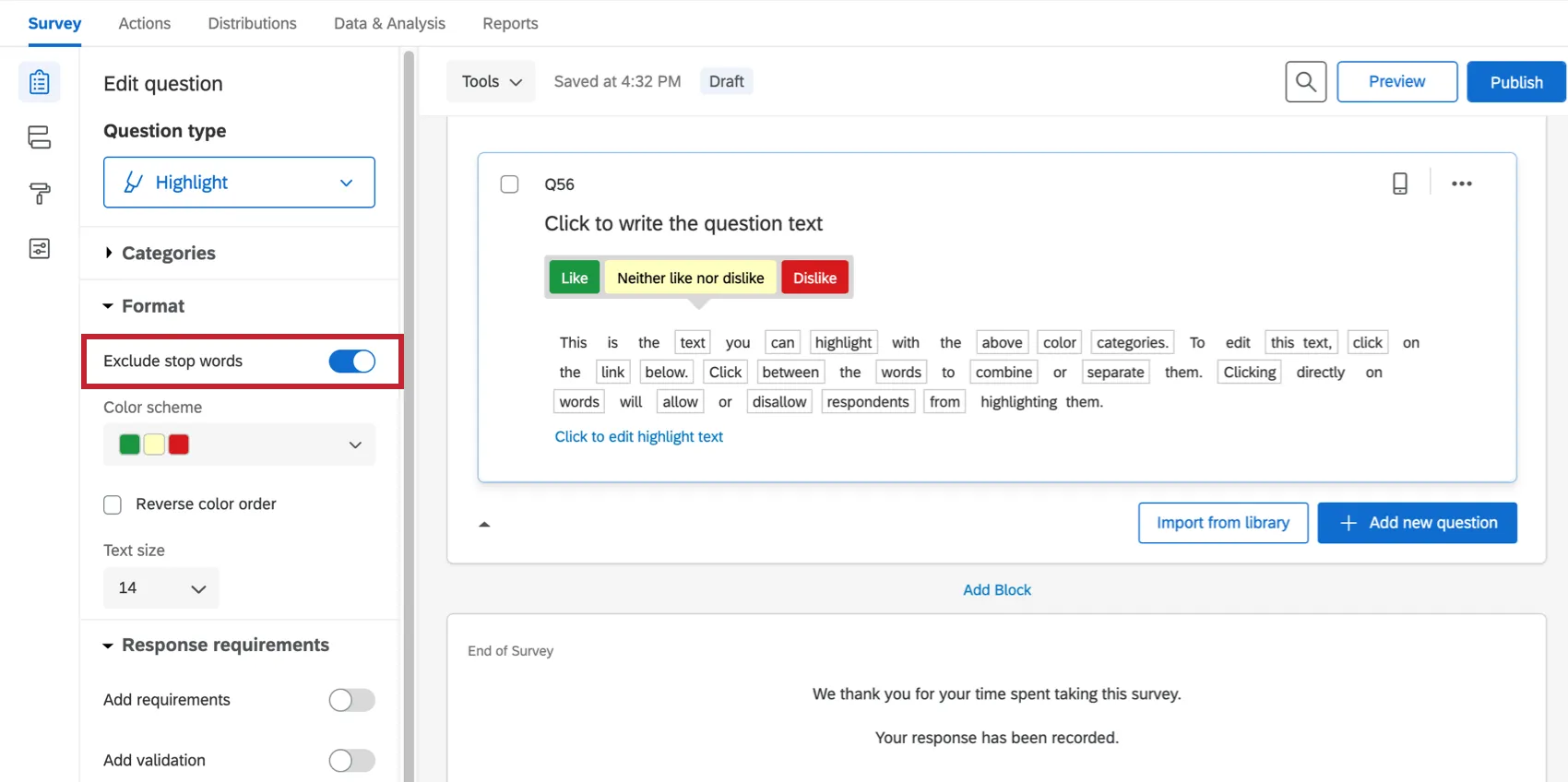 Loption Exclure les mots vides est sélectionnée pour supprimer les articles et les verbes courants de la question surlignée