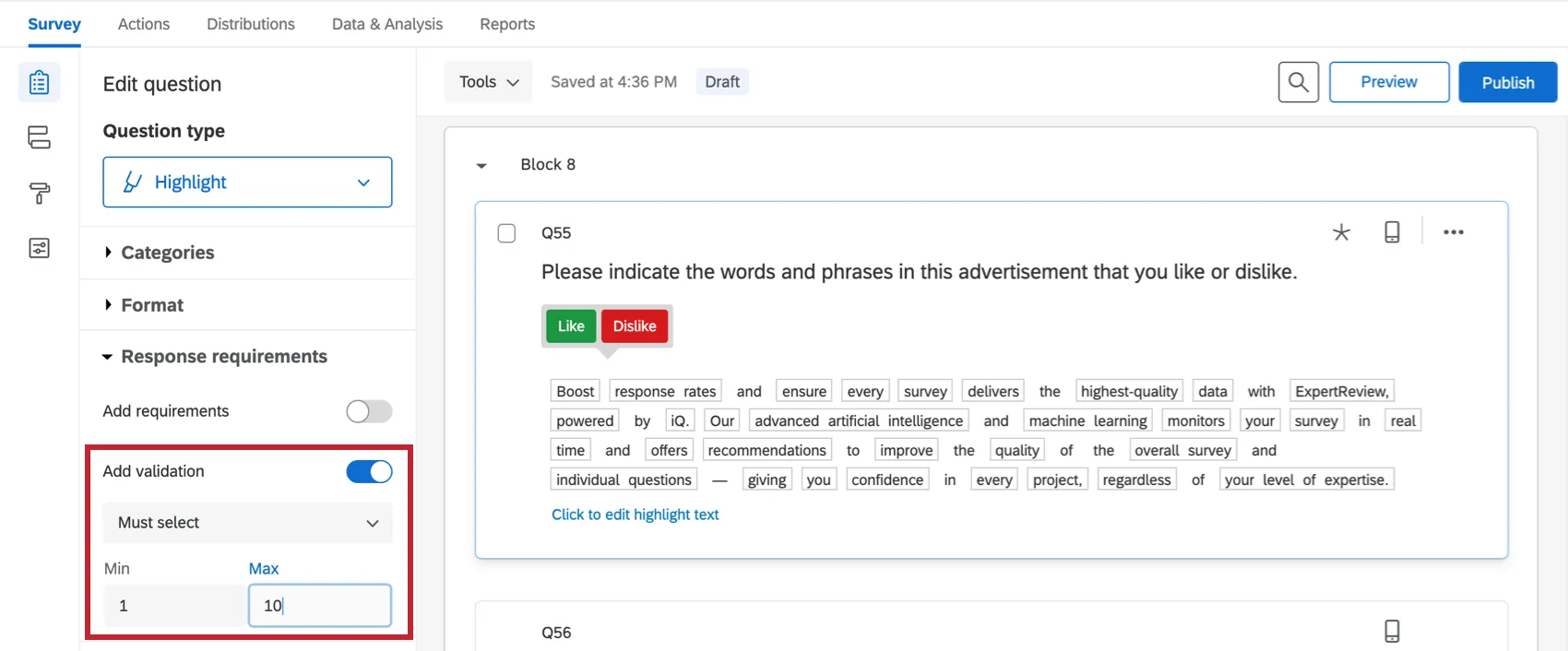 Validation is set to Must Select and a minimum and maximum are set