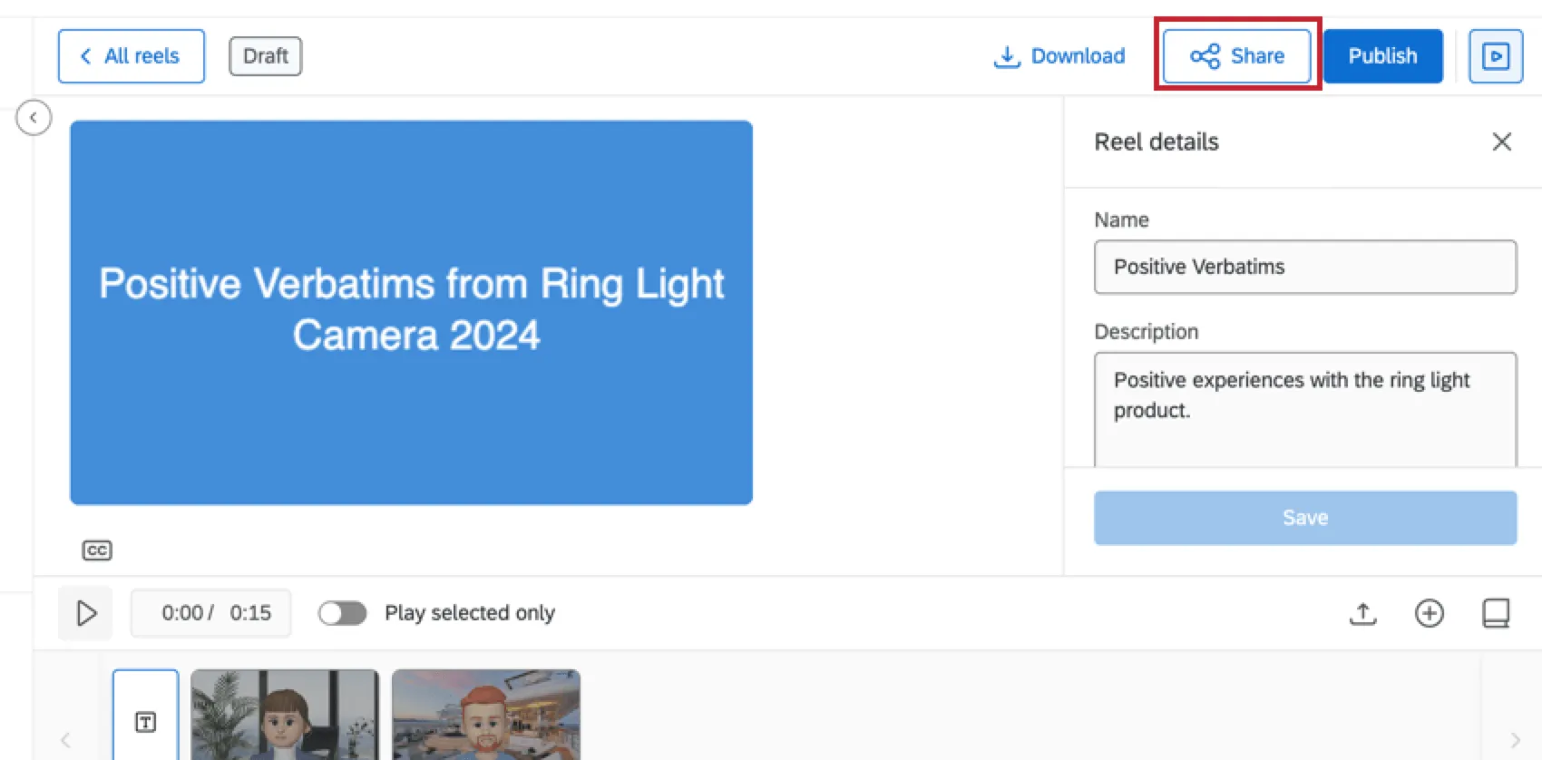 Share button in clip editor