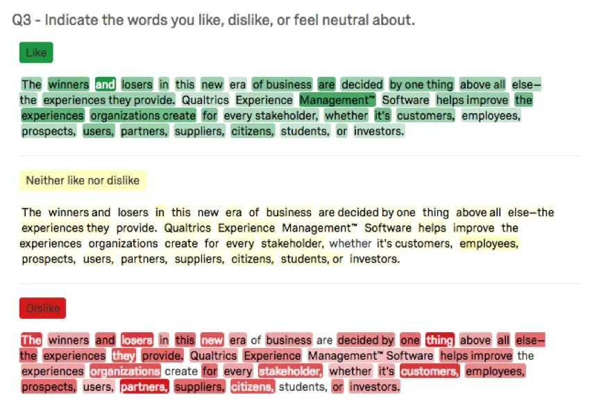visualisation où les statistiques "jaime", "neutre" et "je naime pas" sont séparées, avec des couleurs correspondantes qui augmentent en obscurité sur un mot pour indiquer quil a été choisi plus souvent pour cette évaluation