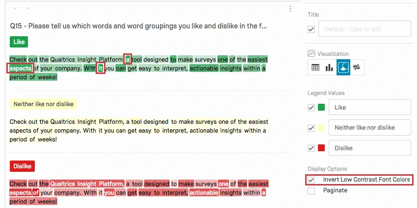 コントラストが低い文字色を反転させる機能が選択されているため、強調表示の文字が白くなり、読みやすくなります。