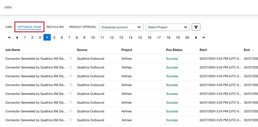 the historical runs section of the jobs page
