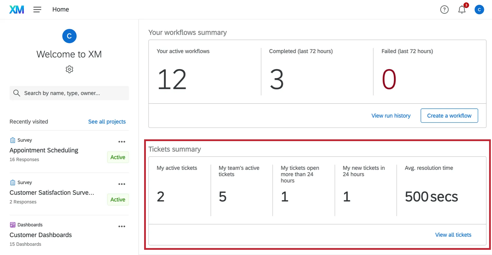 Homepage tickets summary section