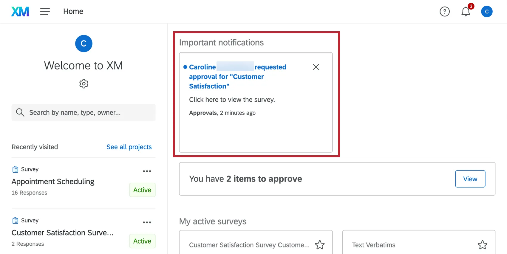 Homepage notification section