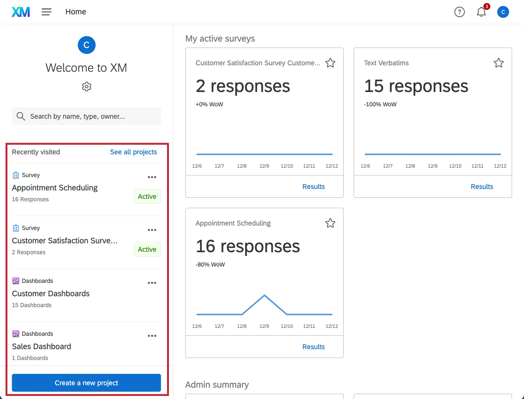Página de inicio Sección de proyectos visitados recientemente
