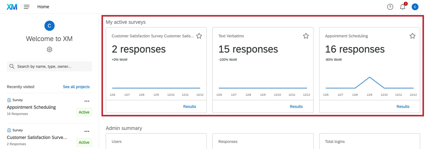 Homepage active surveys section
