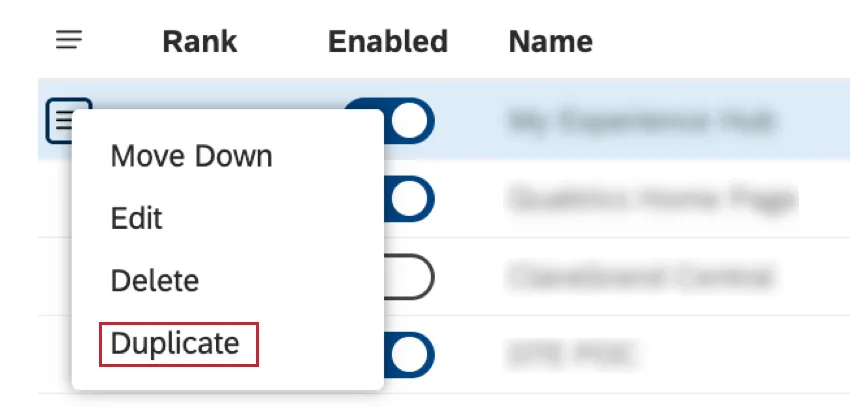 3 line menu expanded next to a homepage, and duplicate option highlighted