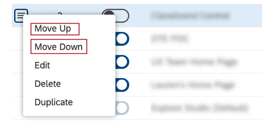 move up and move down options in menu next to each homepage