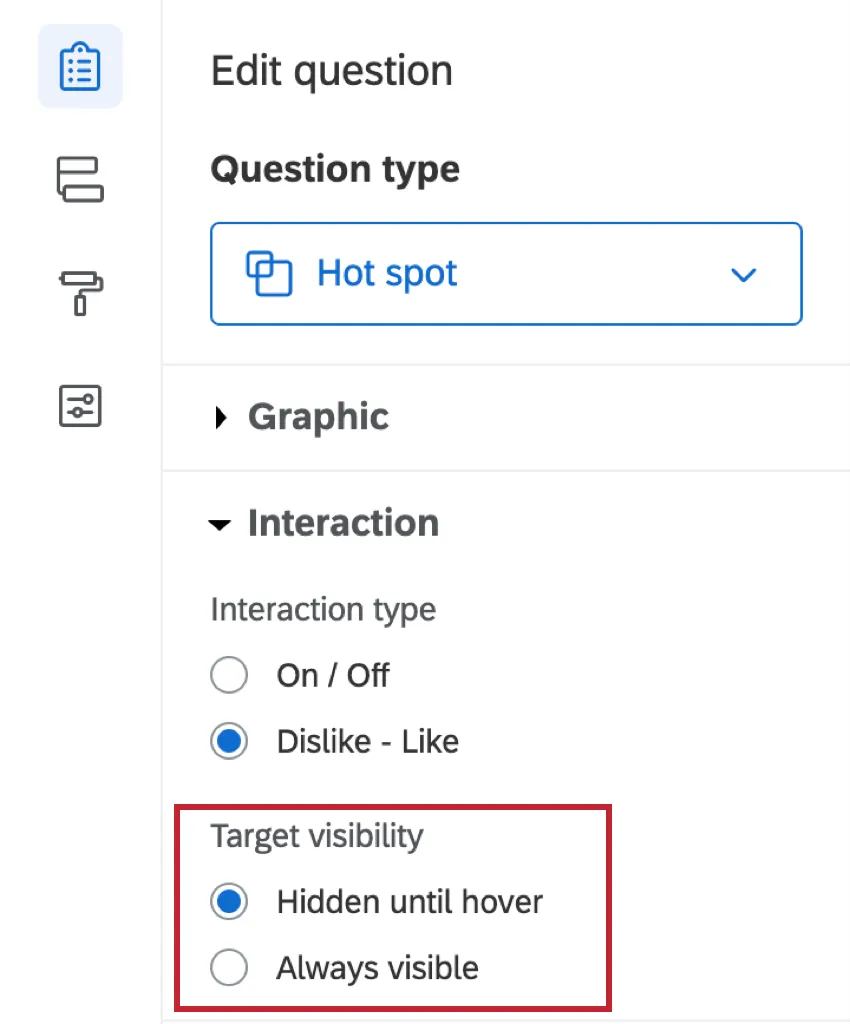 Configuración de visibilidad de Objetivo en el panel de edición de preguntas