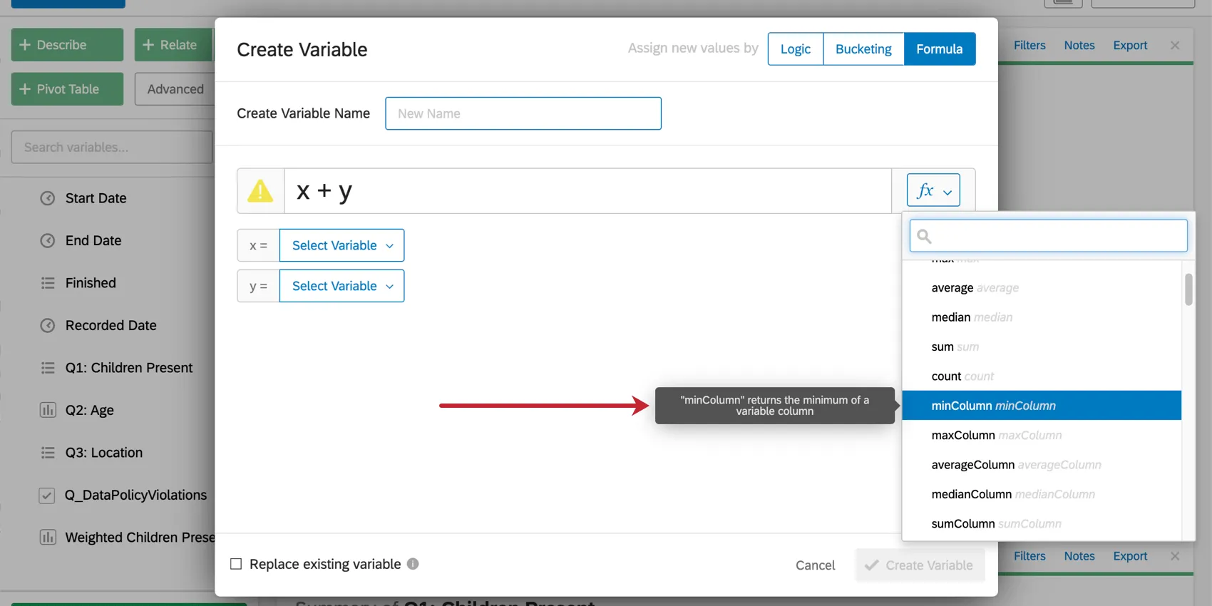 Clicked f(x) to see other functions. Hovered over "min column" and a tool tip appeared explaining how it works