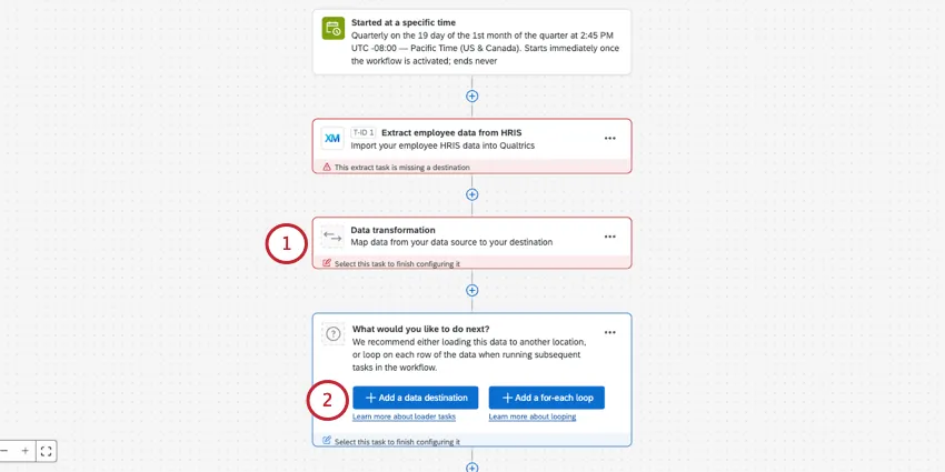 De regreso al editor de flujo de trabajo con una fuente agregada, ahora puede completar el ETL
