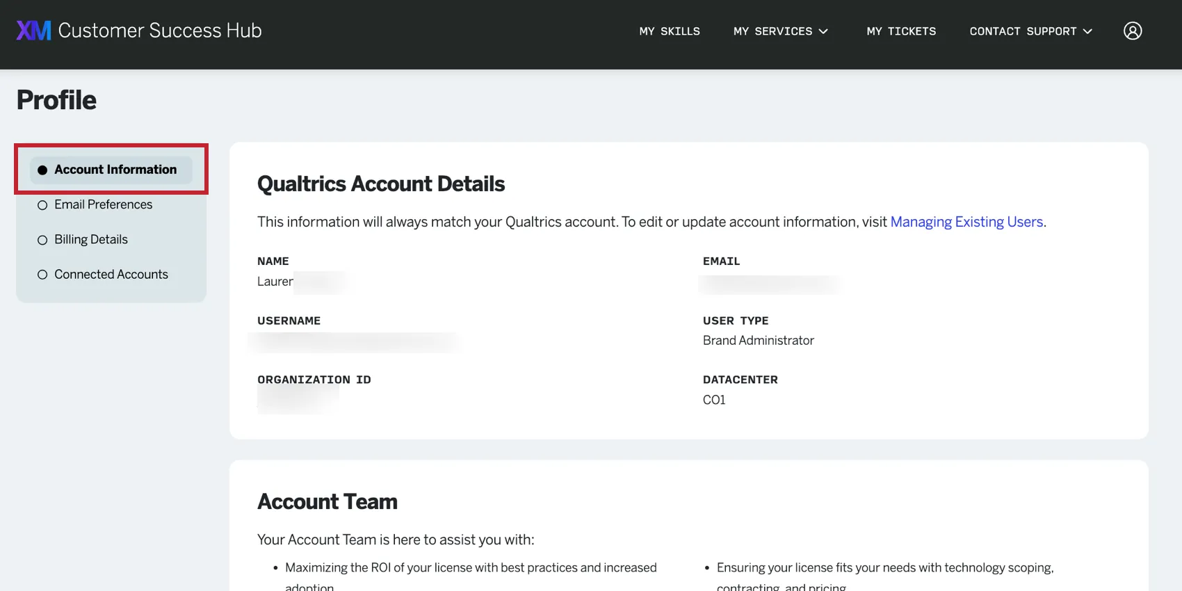 the account information tab in the hub profile page