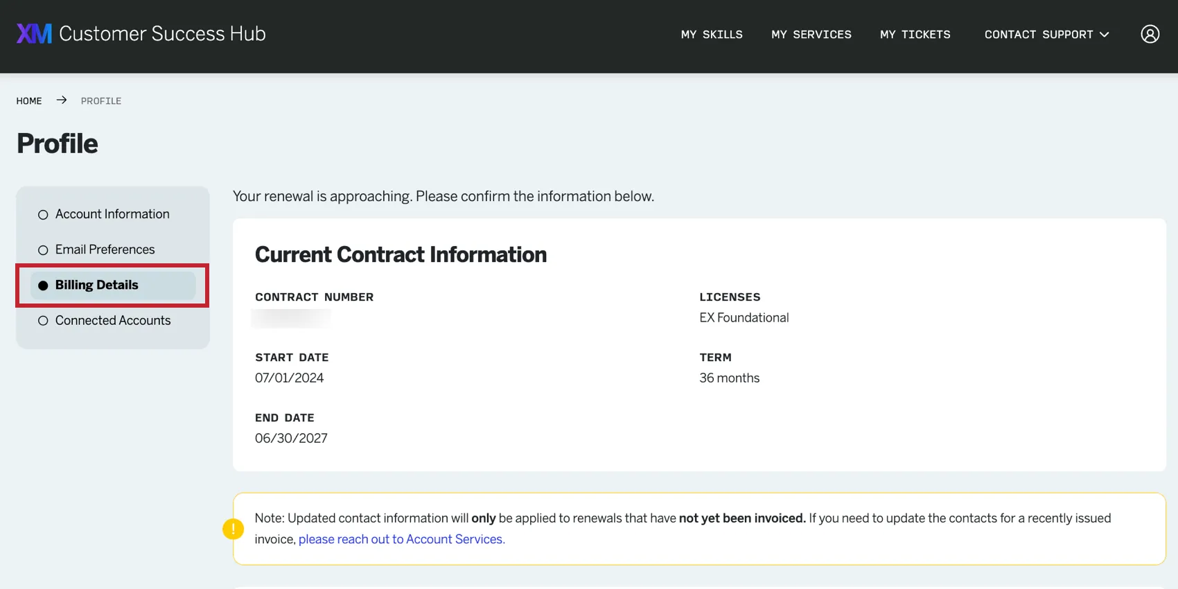 the billing details section of the hub