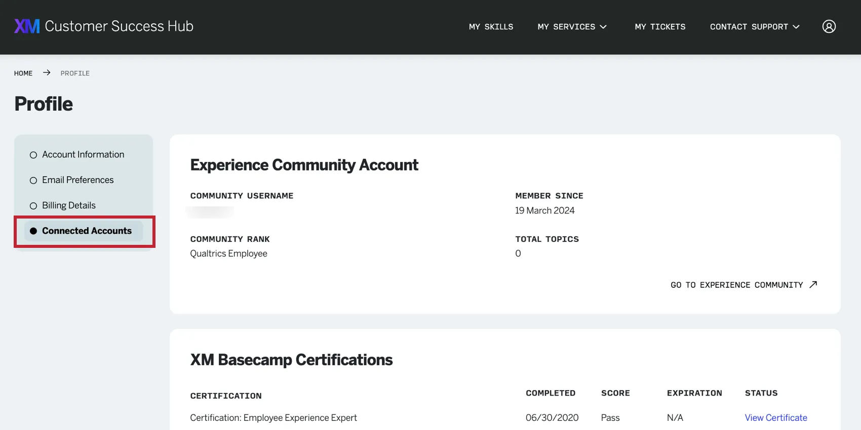 La section Comptes connectés de la page de profil