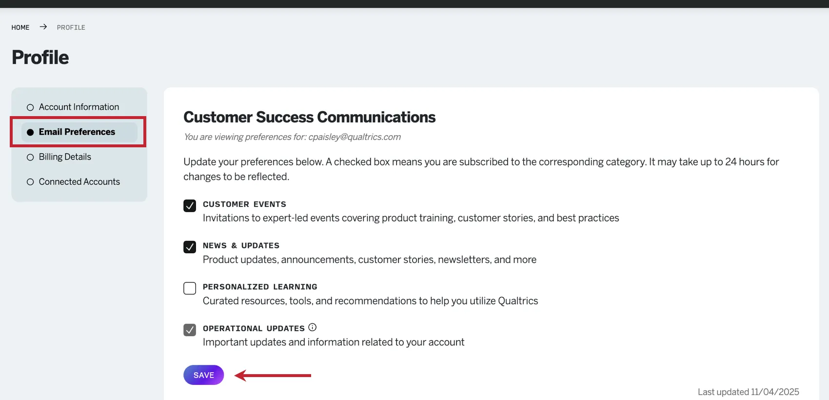 the email preferences section of the profile page in the hub