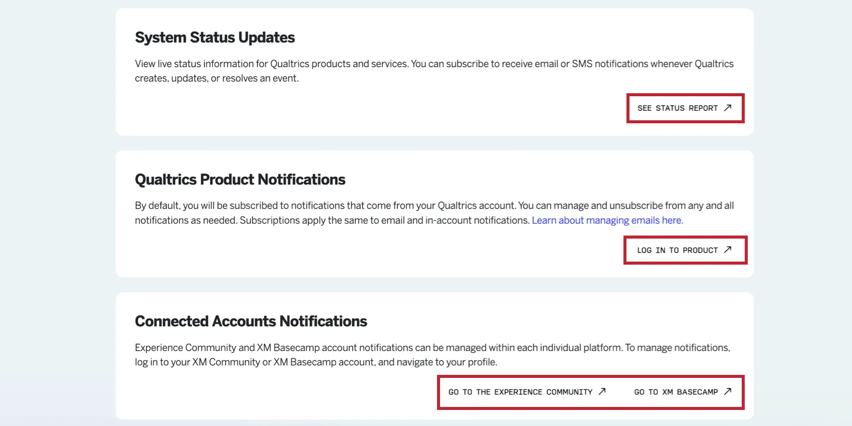 visualização de links adicionais para notificações do basecamp, da comunidade e da plataforma