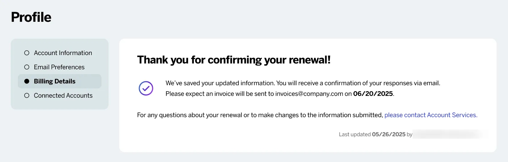 the confirmation page after submitting the renewal