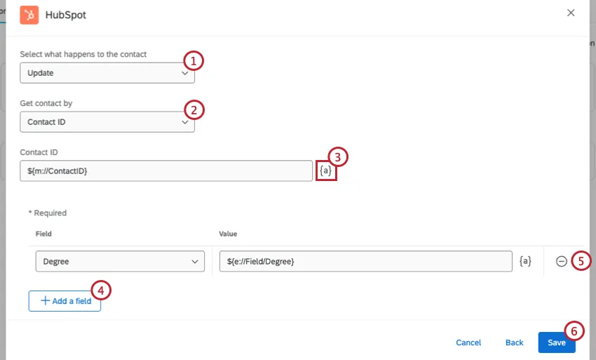 la configuration dune tâche de contacts pour mettre à jour un contact