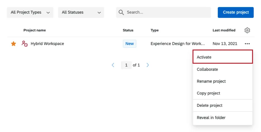 Activating a project from the projects page