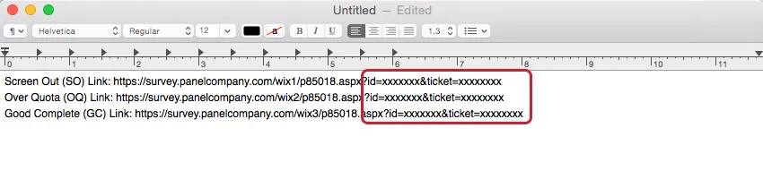 Testo fittizio evidenziato alla fine dei link di reindirizzamento