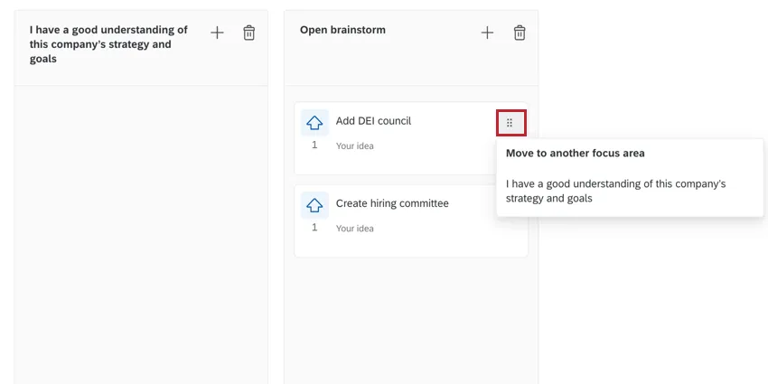 le menu permettant de déplacer un élément dans un tableau didées