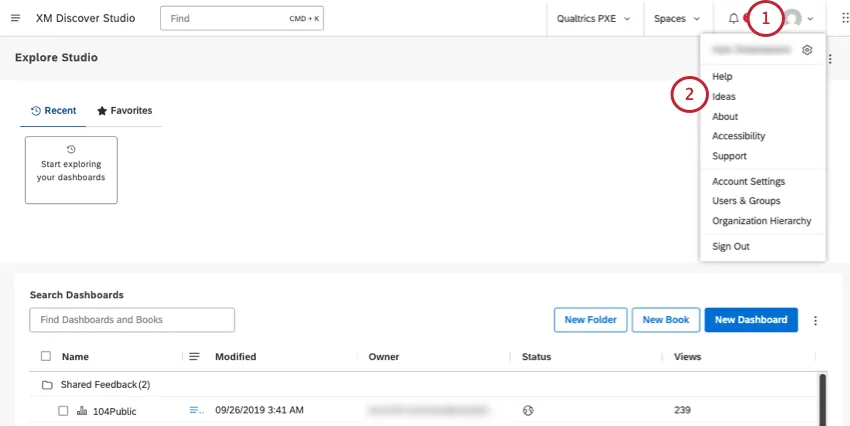 clicking the user icon and selecting ideas