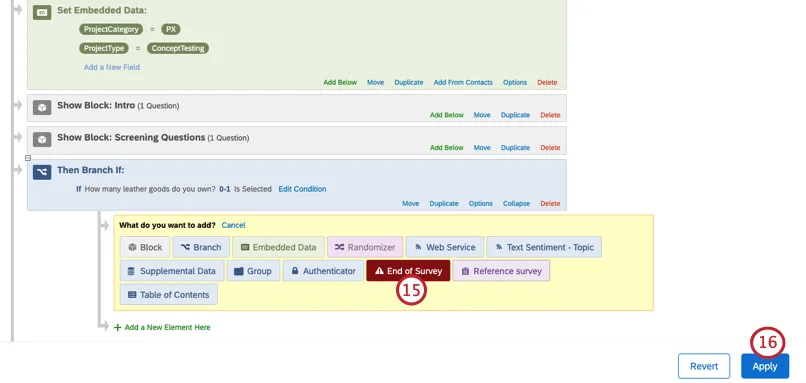 Seleccionar un elemento de fin de Encuesta debajo de la rama