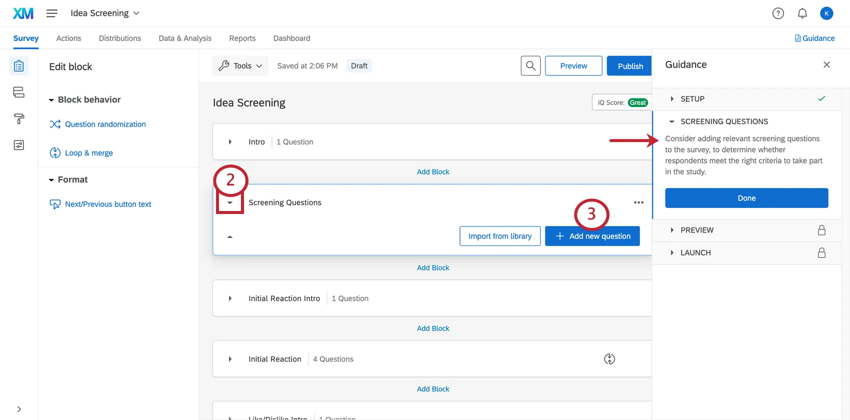 Creating a question under the Screening Block