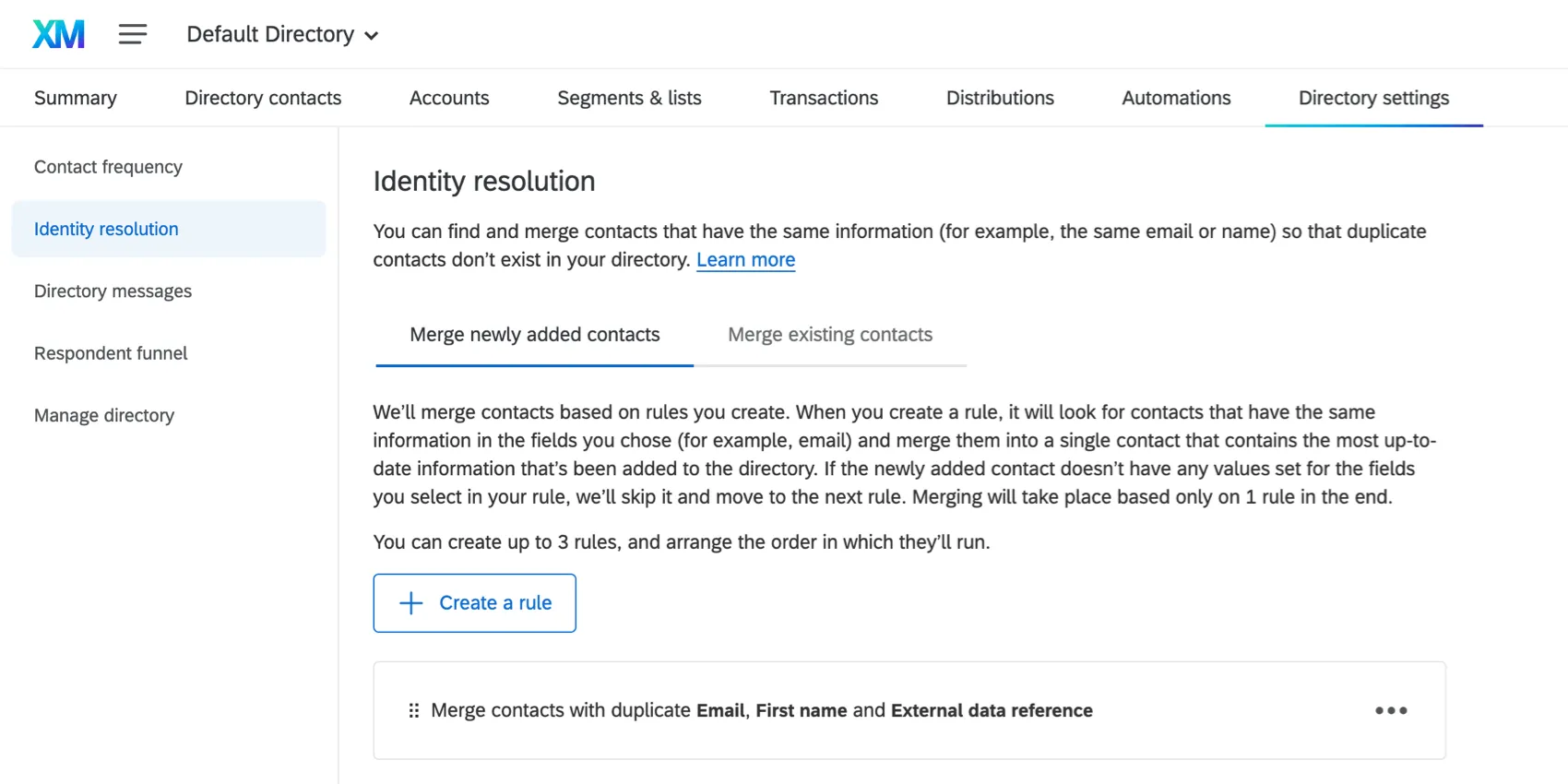 Image of the directory settings opened to the identity resolution page