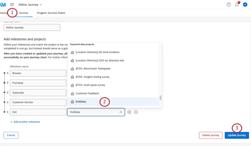 Mapping a journey milestone to an imported data project