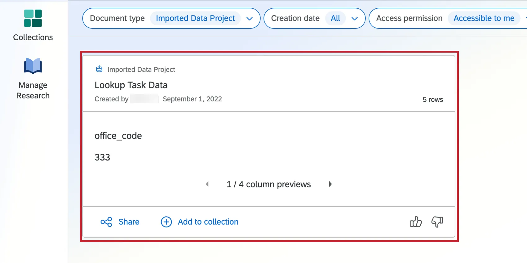 インポートされたデータプロジェクトをリサーチハブの検索結果に表示する。