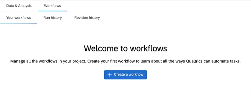 image of an imported data project opened to the workflows tab