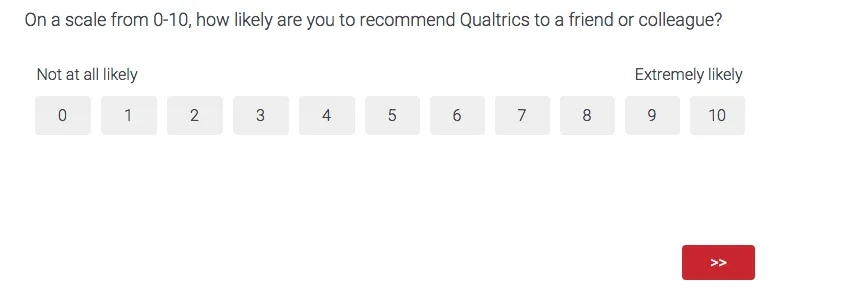 Uma pergunta pedindo aos entrevistados que avaliem sua experiência com o Qualtrics, com uma escala de 0 a 10 na horizontal abaixo dela
