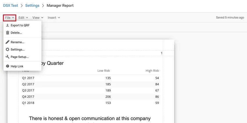 image of the file dropdown in the report toolbar