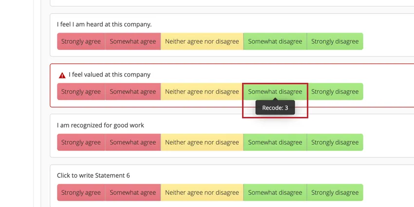 uma escala inválida é marcada por um triângulo de aviso vermelho. Passe o mouse sobre um ponto de escala para ver seu recodificar valores