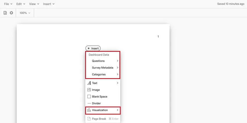 image of the insert menu with the visualization options highlighted