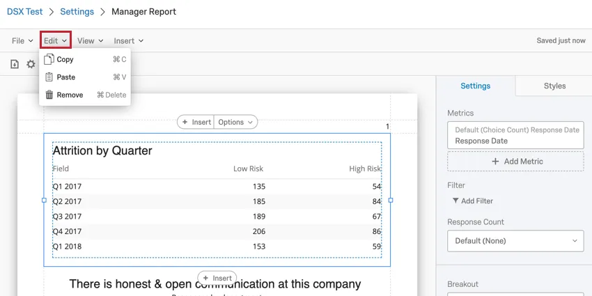 image of the edit dropdown in the report toolbar