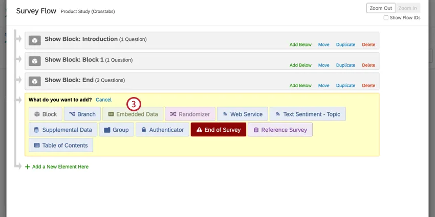 a new survey flow element. select embedded data