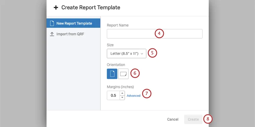 image de lécran pour créer un modèle de rapport. Des options permettent de déterminer le nom, la taille, lorientation et les marges du rapport.