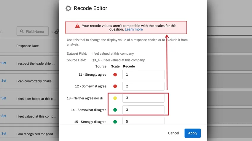 Image illustrant l’éditeur de recodage avec l’erreur «&nbsp;Vos valeurs recodées ne sont pas compatibles avec les échelles pour cette question.&nbsp;»