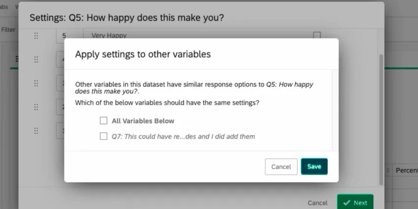 La ventana emergente aplicar configuración a otras variables donde puede seleccionar recodificar otras variables con sus recodificaciones actuales