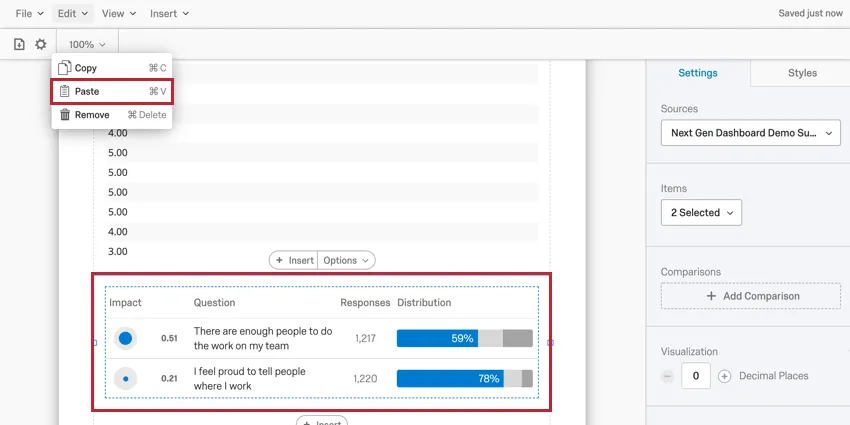 レポートツールバーの貼り付けオプションの画像。図表が既存の図表の下に貼り付けられている。