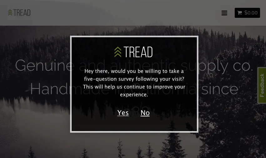 Una grafica nera appare su un sito web in ombra. In alto cè un logo con la scritta Tread. Allinterno cè un messaggio di richiesta di feedback, con link per il sì e per il no