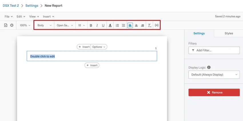 imagem do editor de conteúdo em um modelo de relatório