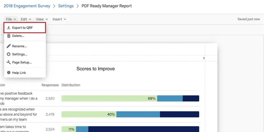 image dun modèle de rapport. Le menu Fichier situé en haut de la barre doutils des rapports a été étendu pour afficher loption dexportation vers QRF