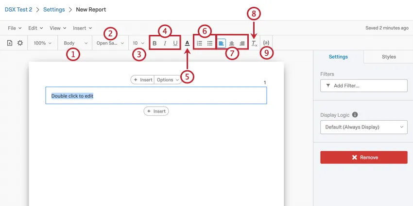 imagen de las opciones de personalización disponibles en el editor de contenido enriquecido. La descripción de cada opción se encuentra a continuación.