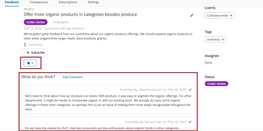 image of the upvote button and comments section on a feedback request
