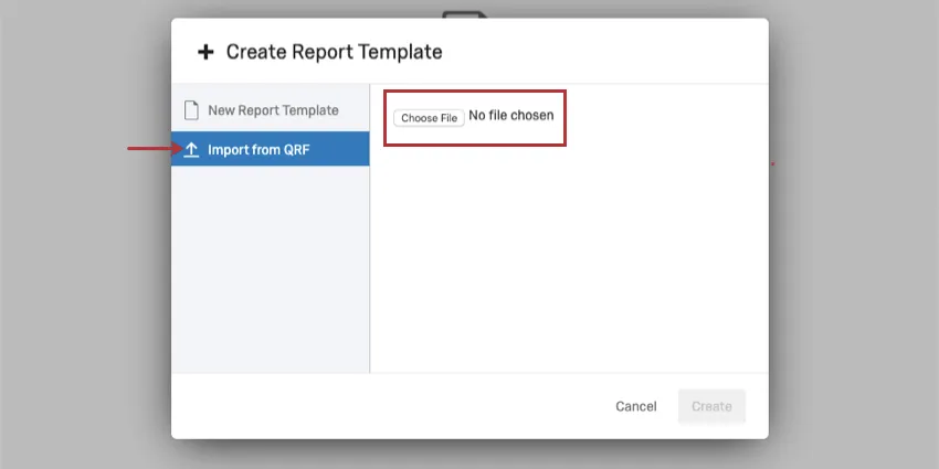 image of the report template creation screen. the option to import from QRF is selected
