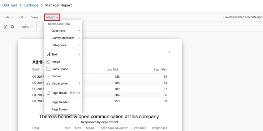 image of the insert menu in the report toolbar
